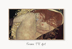 Samsung Frame TV Art 4K Gustav Klimt Danae Ancient Greek Mythology Art Vintage Painting. Nude Greek Goddess Art for Frame TV. Downloadable displayed on Samsung Frame TV on a living room wall.
