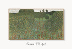 Samsung Frame TV Art 4K Gustav Klimt Flower Field Famous Art Nouveau Painting. Antique Floral Classic Klimt Art for Frame TV. Downloadable displayed on Samsung Frame TV on a living room wall.