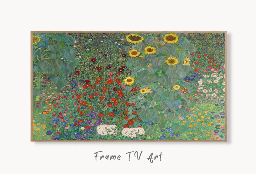 Samsung Frame TV Art 4K Gustav Klimt Flower Garden Famous Art Nouveau Painting. Antique Floral Classic Klimt Art for Frame TV. Downloadable displayed on Samsung Frame TV on a living room wall.