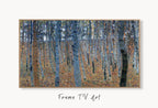 Samsung Frame TV Art 4K Gustav Klimt Forest Trees Famous Art Nouveau Painting. Antique Nature Classic Klimt Art for Frame TV. Downloadable displayed on Samsung Frame TV on a living room wall.