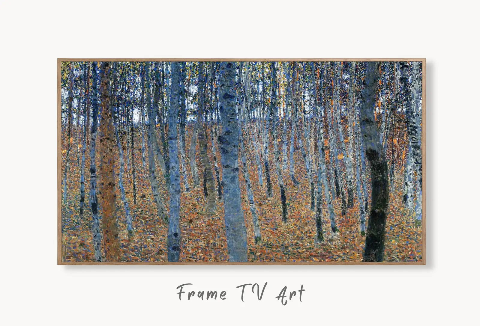 Samsung Frame TV Art 4K Gustav Klimt Forest Trees Famous Art Nouveau Painting. Antique Nature Classic Klimt Art for Frame TV. Downloadable displayed on Samsung Frame TV on a living room wall.