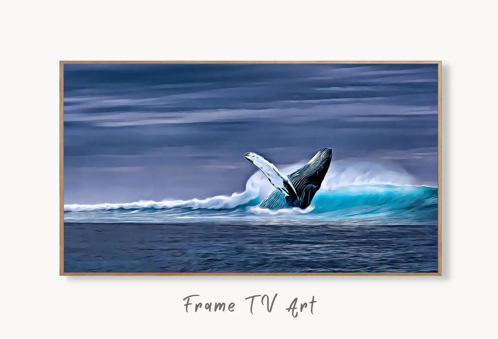 Samsung Frame TV Art 4K Humpback Whale Art Digital Painting. Instant Download Jumping Whale Ocean Art. Digital Whale Art for Frame TV displayed on Samsung Frame TV on a living room wall.