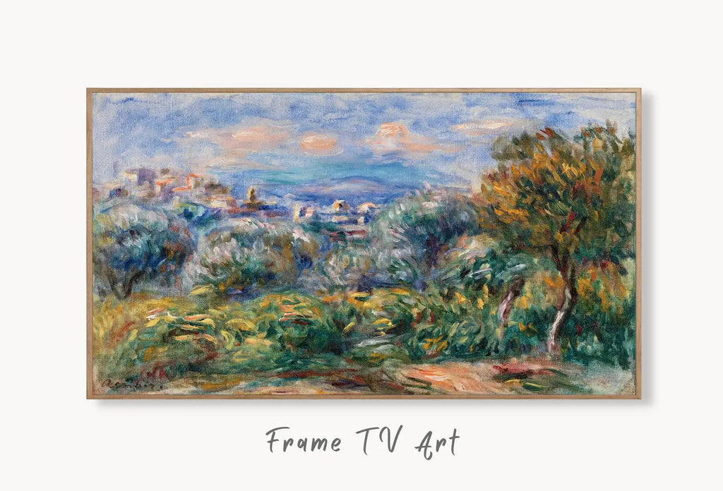 Samsung Frame TV Art 4K Impressionist Landscape (Paysage) by Auguste Renoir. Famous Antique Oil Painting. Vintage Landscape Art for Frame TV displayed on Samsung Frame TV on a living room wall.