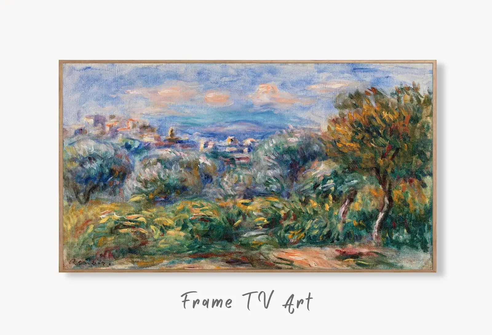 Samsung Frame TV Art 4K Impressionist Landscape (Paysage) by Auguste Renoir. Famous Antique Oil Painting. Vintage Landscape Art for Frame TV displayed on Samsung Frame TV on a living room wall.