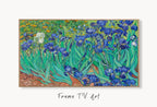 Samsung Frame TV Art 4K Irises Famous Painting by Vincent van Gogh. Instant Download van Gogh Art for the Frame TV. Vintage Flowers Wall Art displayed on Samsung Frame TV on a living room wall.