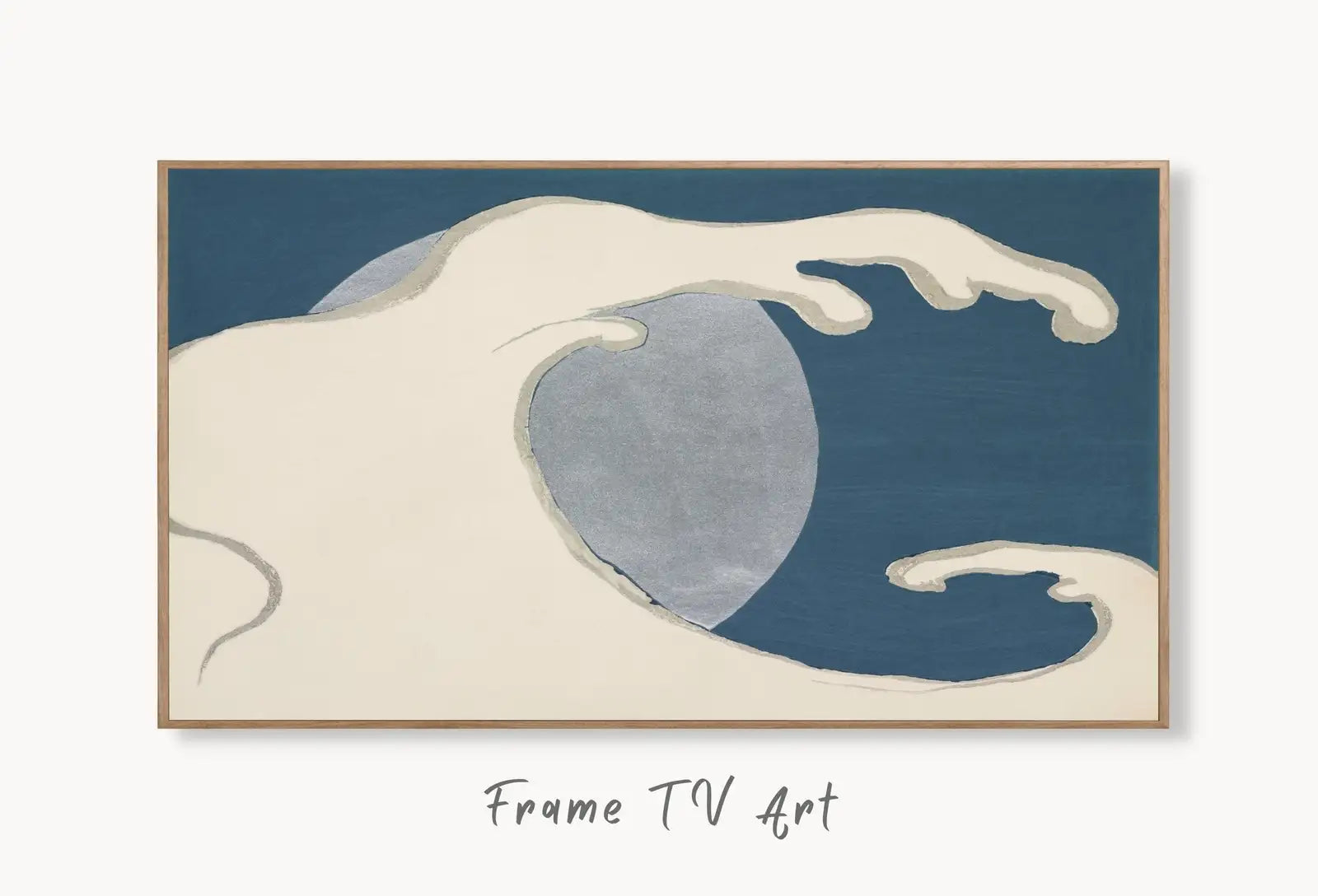 Samsung Frame TV Art 4K Japanese Wave Painting Minimalist Abstract Vintage Japanese Wall Art. Downloadable Antique Japanese Art for Frame TV displayed on Samsung Frame TV on a living room wall.