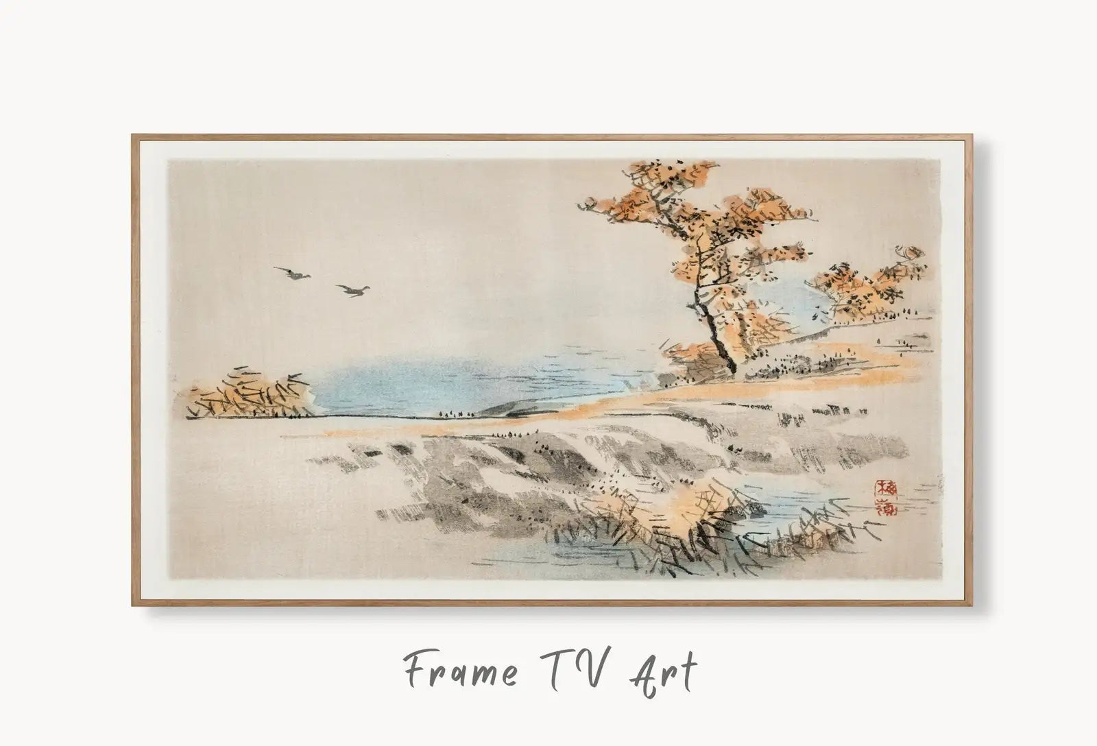 Samsung Frame TV Art 4K Lake Landscape Vintage Japanese Wall Art. Instant Download Antique Japanese Art for the Frame TV. Vintage Wall Art displayed on Samsung Frame TV on a living room wall.