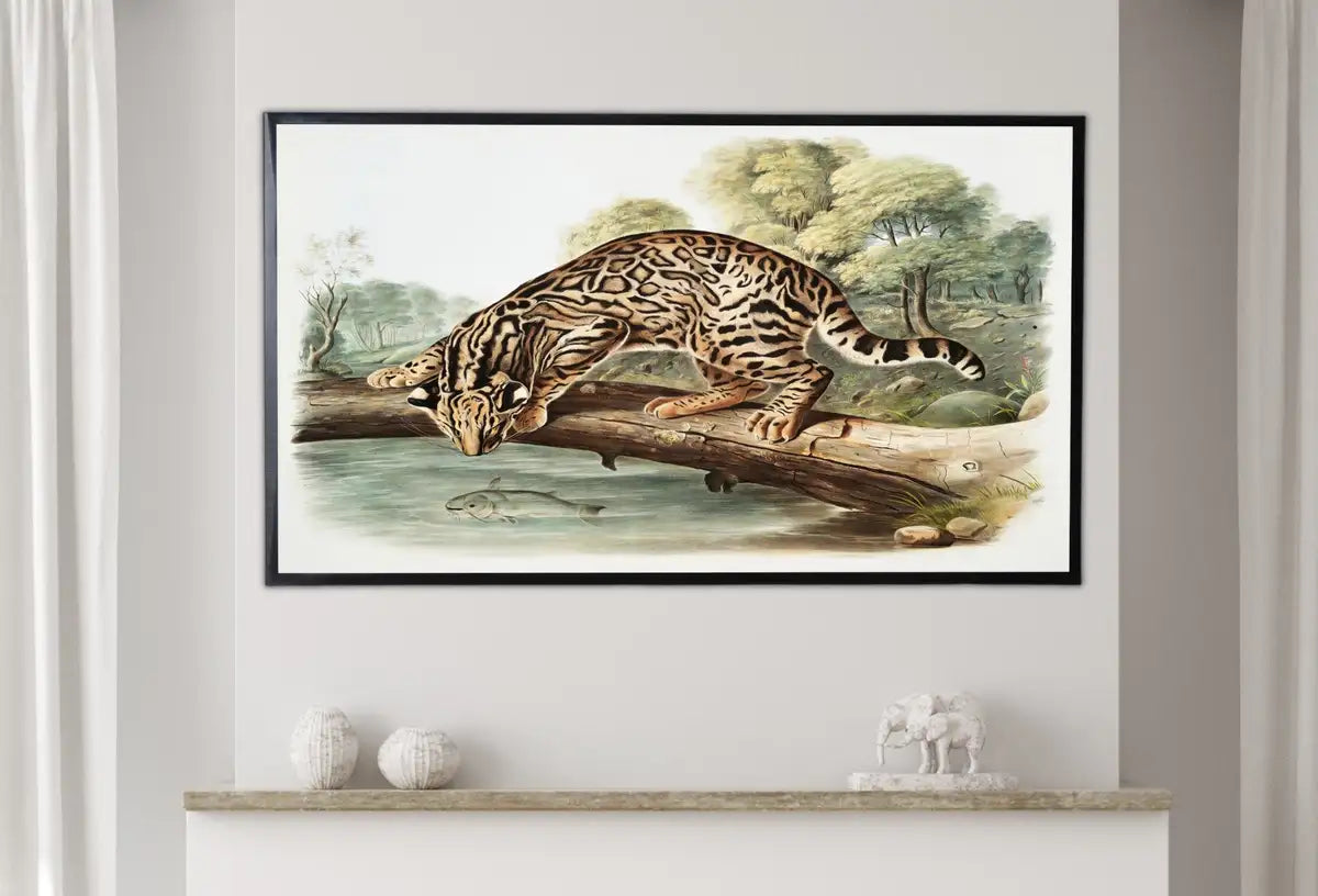 Detail view of artwork from Samsung Frame TV Art 4K Leopard-Cat Vintage Painting. Instant Download Nature Animal Art for Samsung Frame TV. Leopard Art for TV. (variation 2)