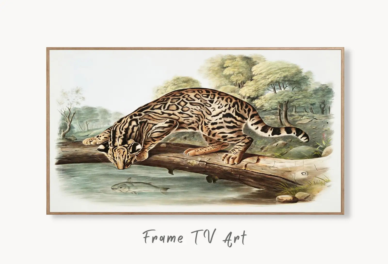 Samsung Frame TV Art 4K Leopard-Cat Vintage Painting. Instant Download Nature Animal Art for Samsung Frame TV. Leopard Art for TV displayed on Samsung Frame TV on a living room wall.