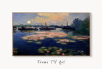 Samsung Frame TV Art 4K Lilies on Lake View Monet Inspired Digital Painting. Instant Download Landscape Art for Frame TV. Botanical Art displayed on Samsung Frame TV on a living room wall.