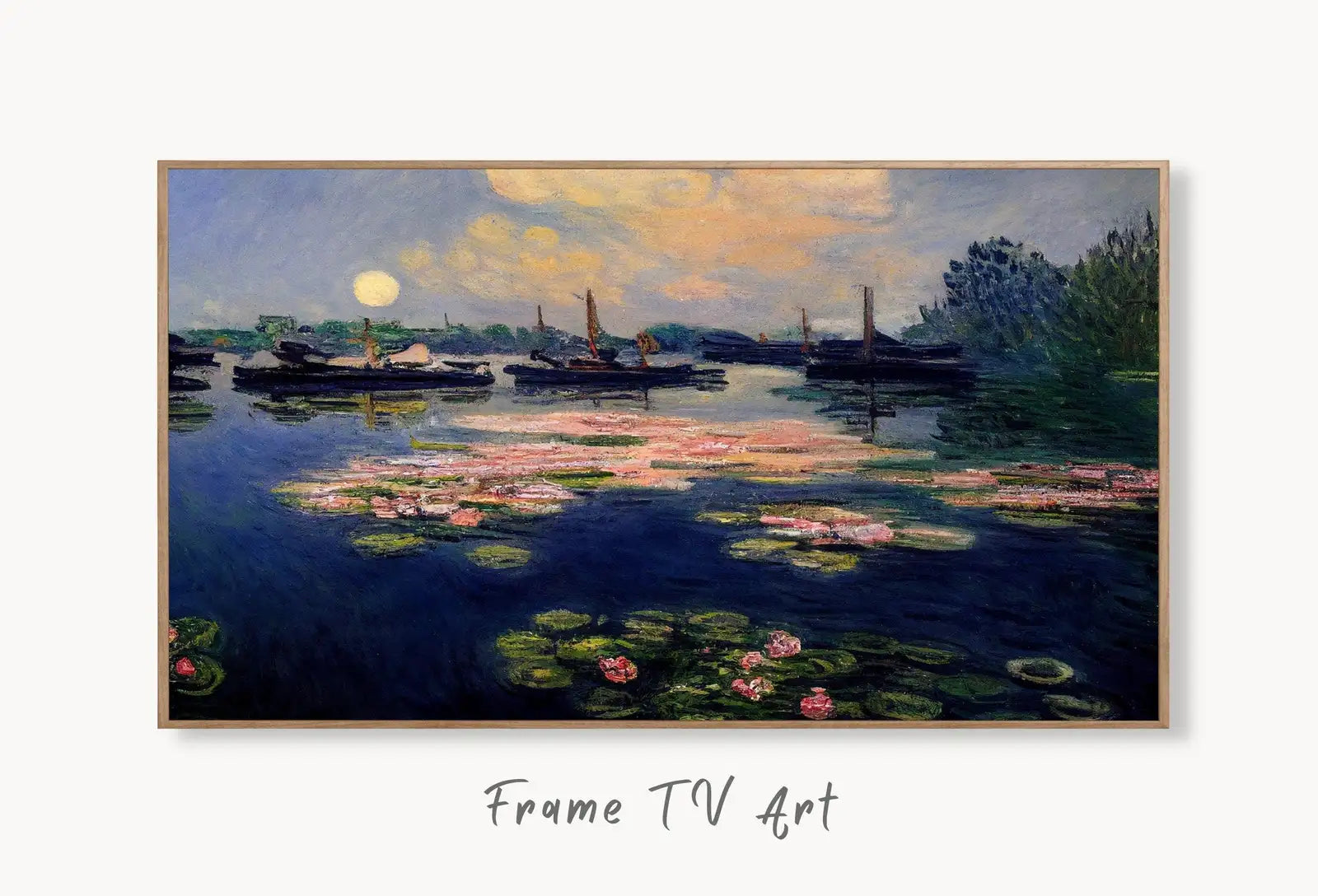 Samsung Frame TV Art 4K Lilies on Lake View Monet Inspired Digital Painting. Instant Download Landscape Art for Frame TV. Botanical Art displayed on Samsung Frame TV on a living room wall.