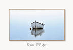 Samsung Frame TV Art 4K Lone Boat At Sea Painting, Nautical Wall Decor. Instant Download Boat Art for the Frame TV. Minimalist Art for TV displayed on Samsung Frame TV on a living room wall.