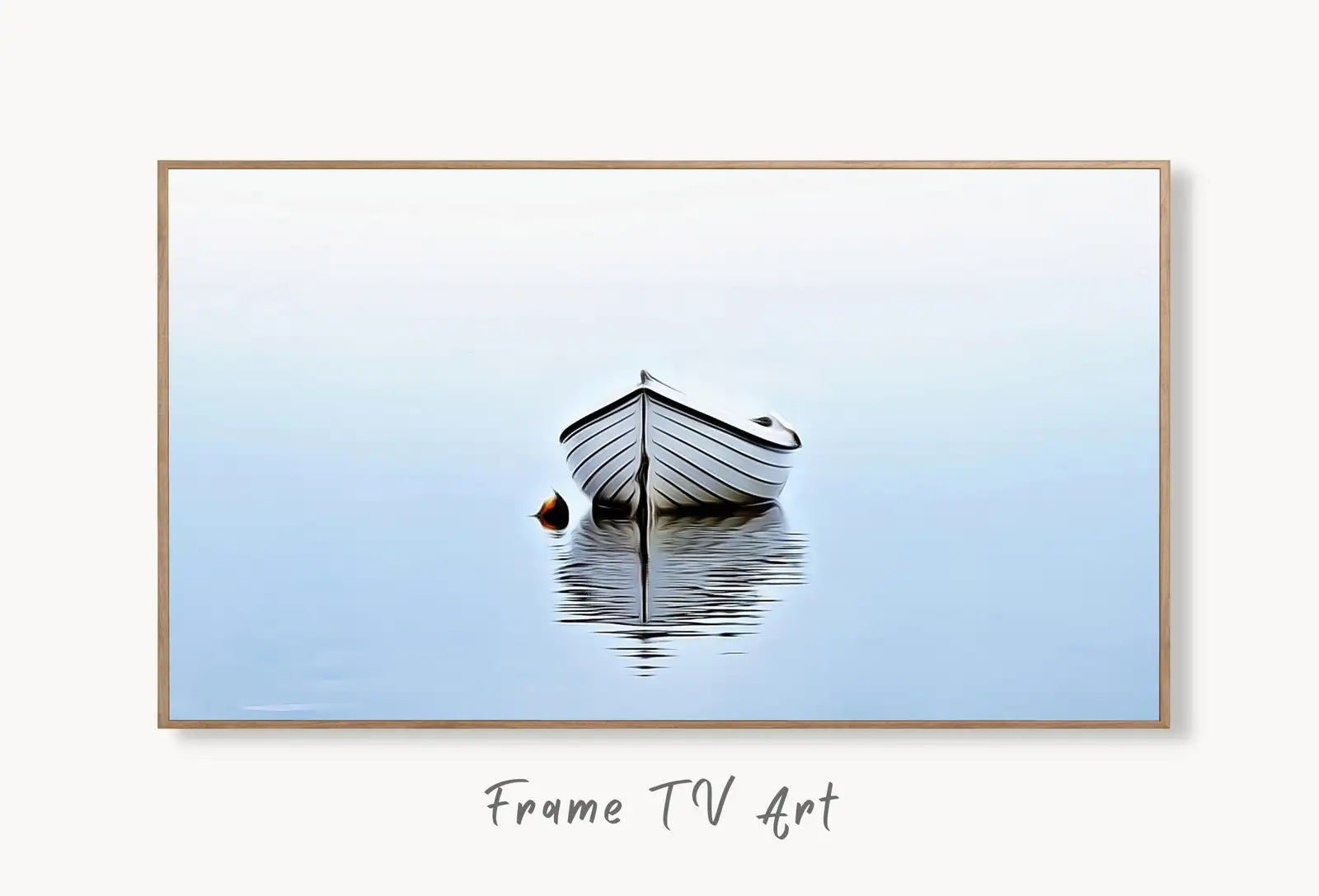 Samsung Frame TV Art 4K Lone Boat At Sea Painting, Nautical Wall Decor. Instant Download Boat Art for the Frame TV. Minimalist Art for TV displayed on Samsung Frame TV on a living room wall.