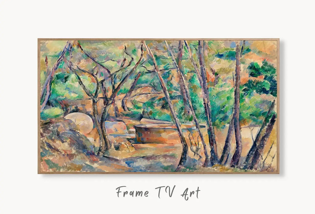 Samsung Frame TV Art 4K Millstone & Cistern Under Tree Famous Paul Cézanne Painting. Instant Download Nature Landscape Wall Art for Frame TV displayed on Samsung Frame TV on a living room wall.