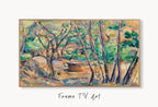 Samsung Frame TV Art 4K Millstone & Cistern Under Tree Famous Paul Cézanne Painting. Instant Download Nature Landscape Wall Art for Frame TV displayed on Samsung Frame TV on a living room wall.