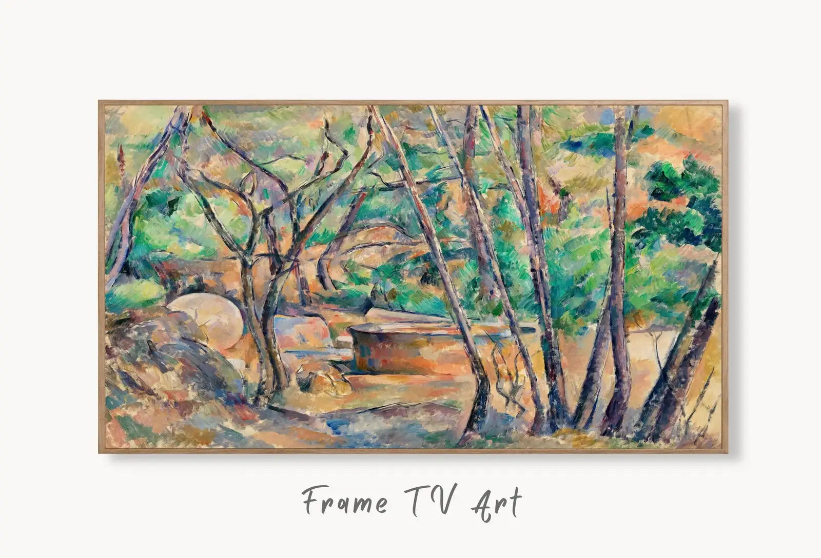 Samsung Frame TV Art 4K Millstone & Cistern Under Tree Famous Paul Cézanne Painting. Instant Download Nature Landscape Wall Art for Frame TV displayed on Samsung Frame TV on a living room wall.
