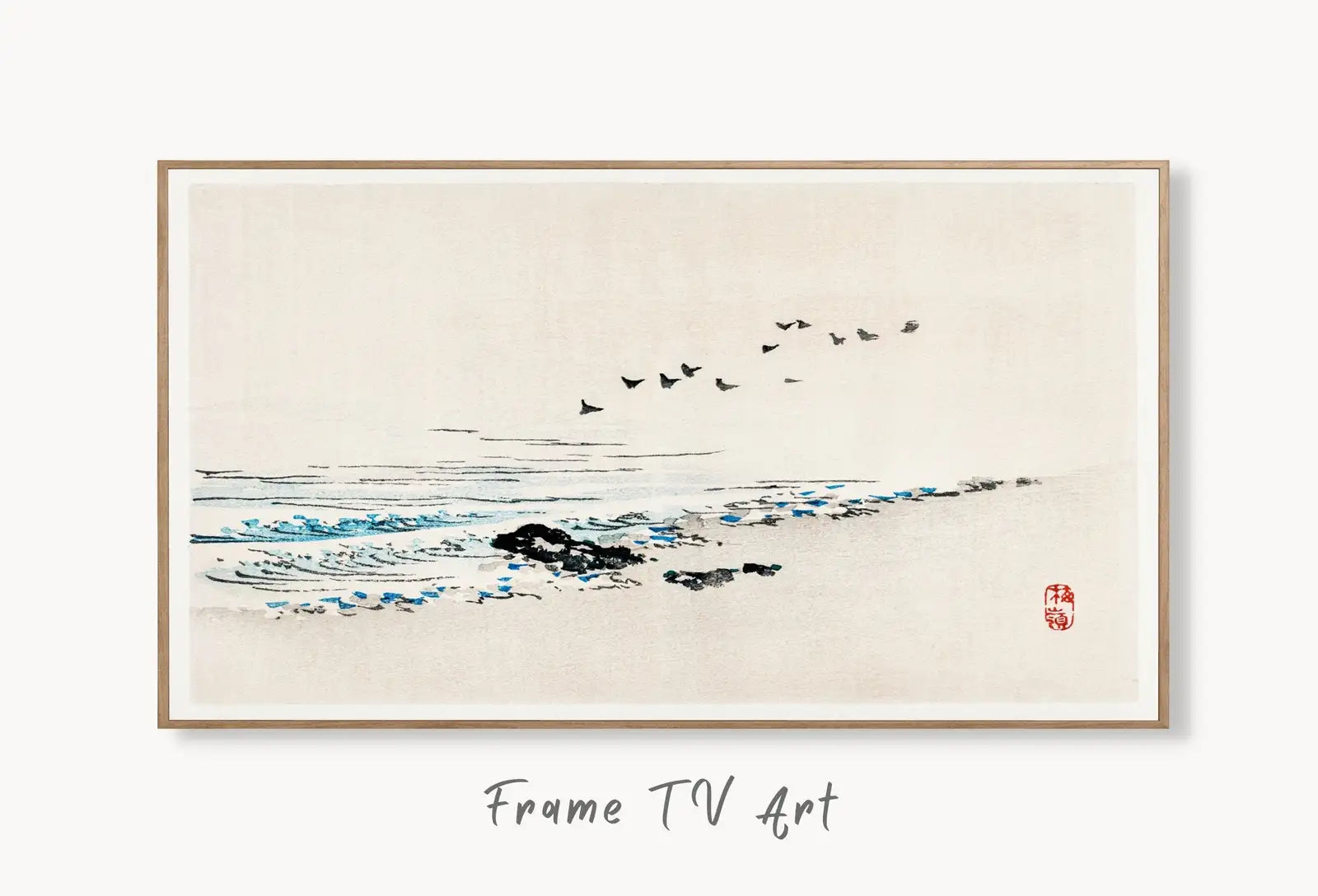 Samsung Frame TV Art 4K Minimalist Beach Vintage Japanese Wall Art. Instant Download Antique Japanese Art for the Frame TV. Vintage Wall Art displayed on Samsung Frame TV on a living room wall.