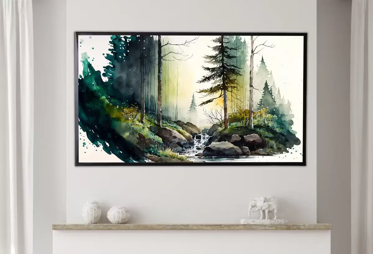 Samsung Frame TV Art 4K Minimalist Forest & River Watercolor Landscape Digital Art. Instant Download Art for Samsung Frame TV. Art for TV – Frame TV  Art