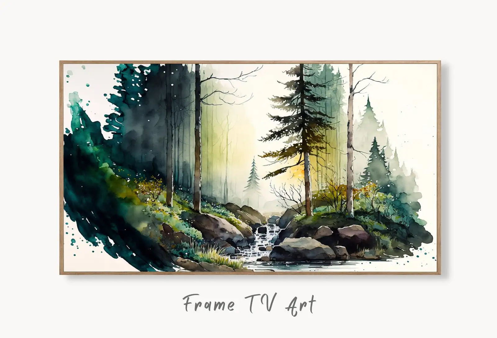 Samsung Frame TV Art 4K Minimalist Forest & River Watercolor Landscape Digital Art. Instant Download Art for Samsung Frame TV. Art for TV displayed on Samsung Frame TV on a living room wall.