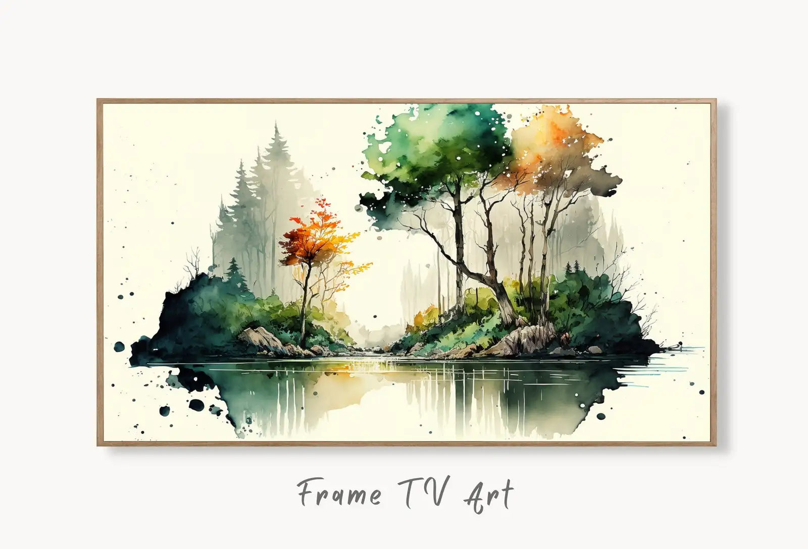 Samsung Frame TV Art 4K Minimalist Forest Watercolor Landscape Digital Art. Instant Download Forest Art for Samsung Frame TV. Art for TV displayed on Samsung Frame TV on a living room wall.