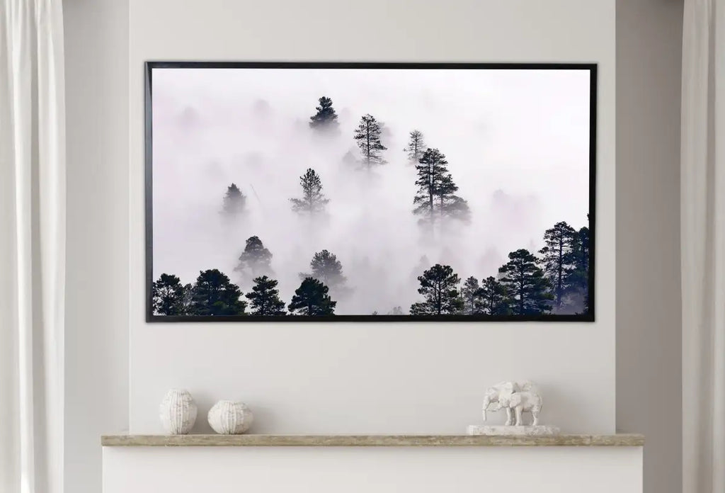Detail view of artwork from Samsung Frame TV Art 4K Misty Forest. Foggy Woodland Landscape Nature Wall Art. Instant Download Forest Digital Art. Trees Art for Frame TV. (variation 2)