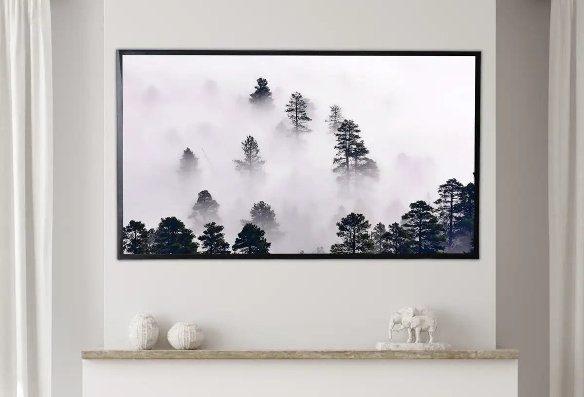 Detail view of artwork from Samsung Frame TV Art 4K Misty Forest. Foggy Woodland Landscape Nature Wall Art. Instant Download Forest Digital Art. Trees Art for Frame TV. (variation 2)