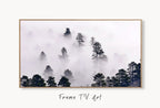 Samsung Frame TV Art 4K Misty Forest. Foggy Woodland Landscape Nature Wall Art. Instant Download Forest Digital Art. Trees Art for Frame TV displayed on Samsung Frame TV on a living room wall.