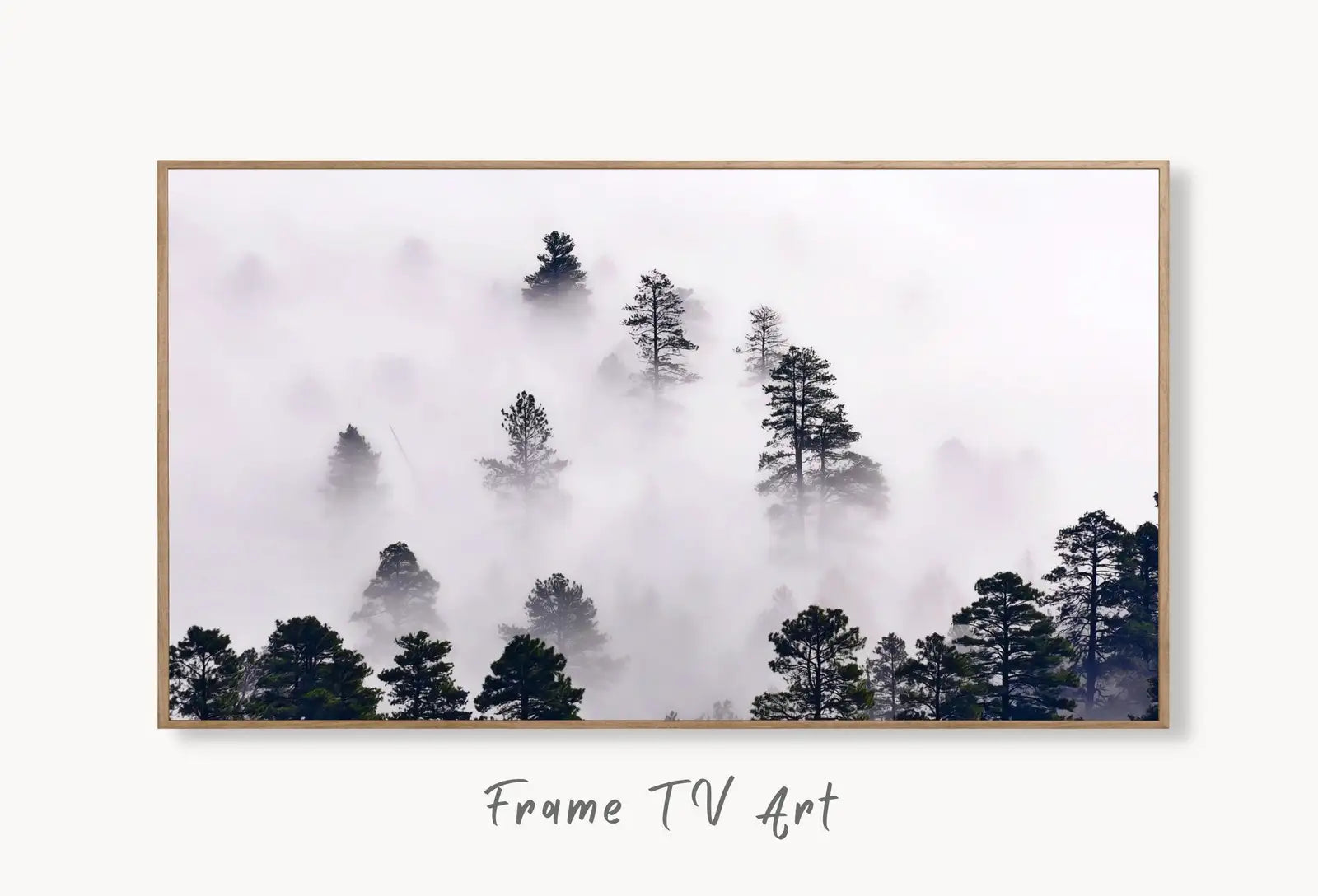 Samsung Frame TV Art 4K Misty Forest. Foggy Woodland Landscape Nature Wall Art. Instant Download Forest Digital Art. Trees Art for Frame TV displayed on Samsung Frame TV on a living room wall.