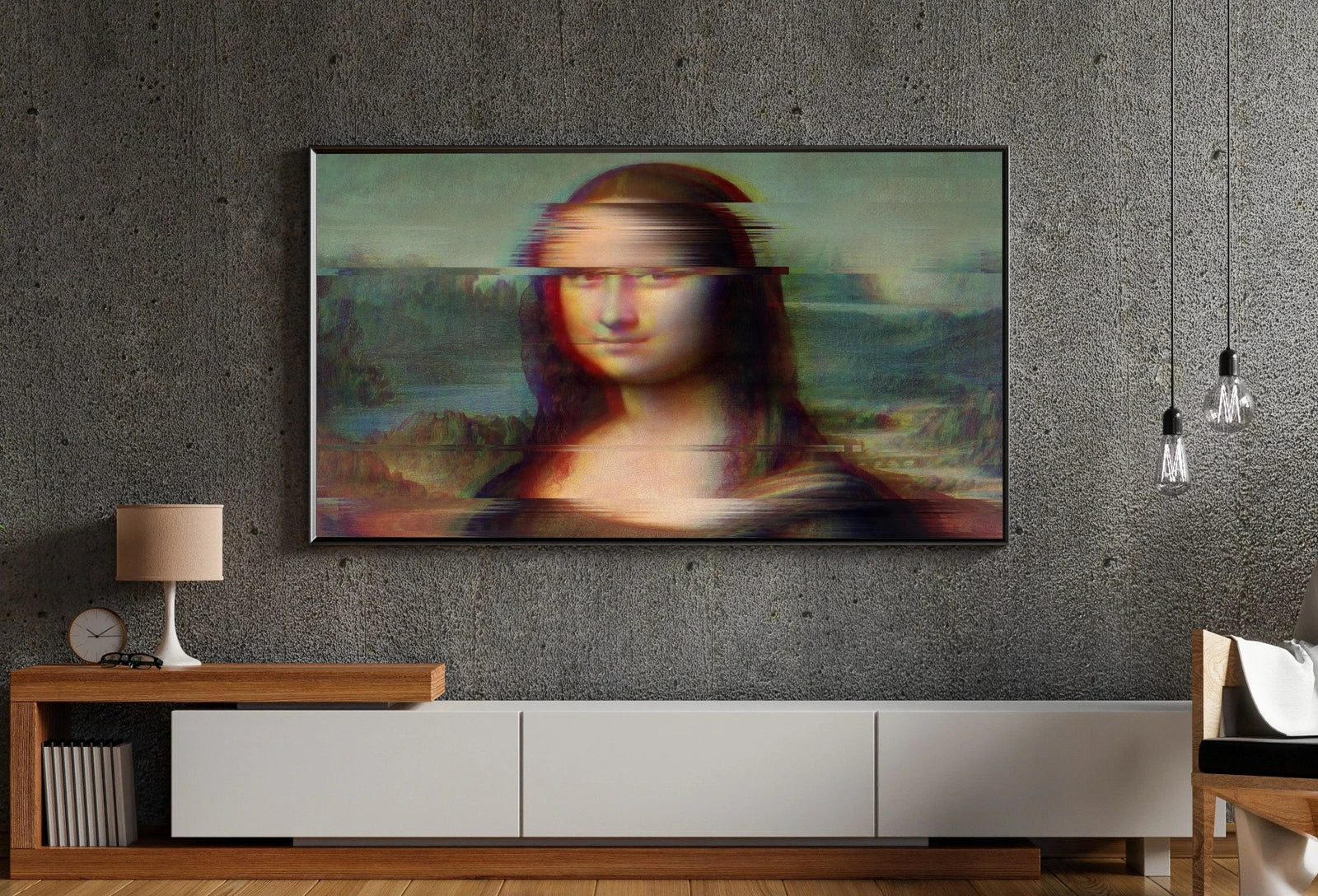 Detail view of artwork from Samsung Frame TV Art 4K Mona Lisa Altered Classic Painting. Glitch Art for Frame TV. Altered Vintage Home Decor. TV Art. (variation 1)