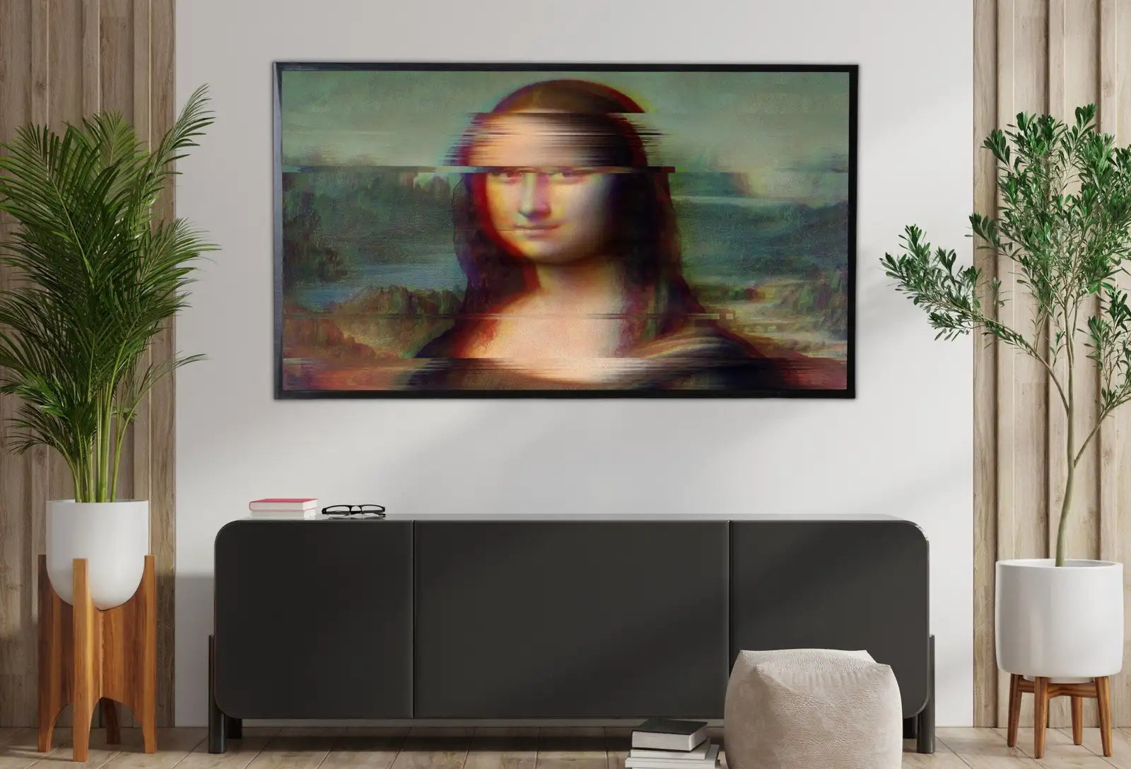 Detail view of artwork from Samsung Frame TV Art 4K Mona Lisa Altered Classic Painting. Glitch Art for Frame TV. Altered Vintage Home Decor. TV Art. (variation 2)