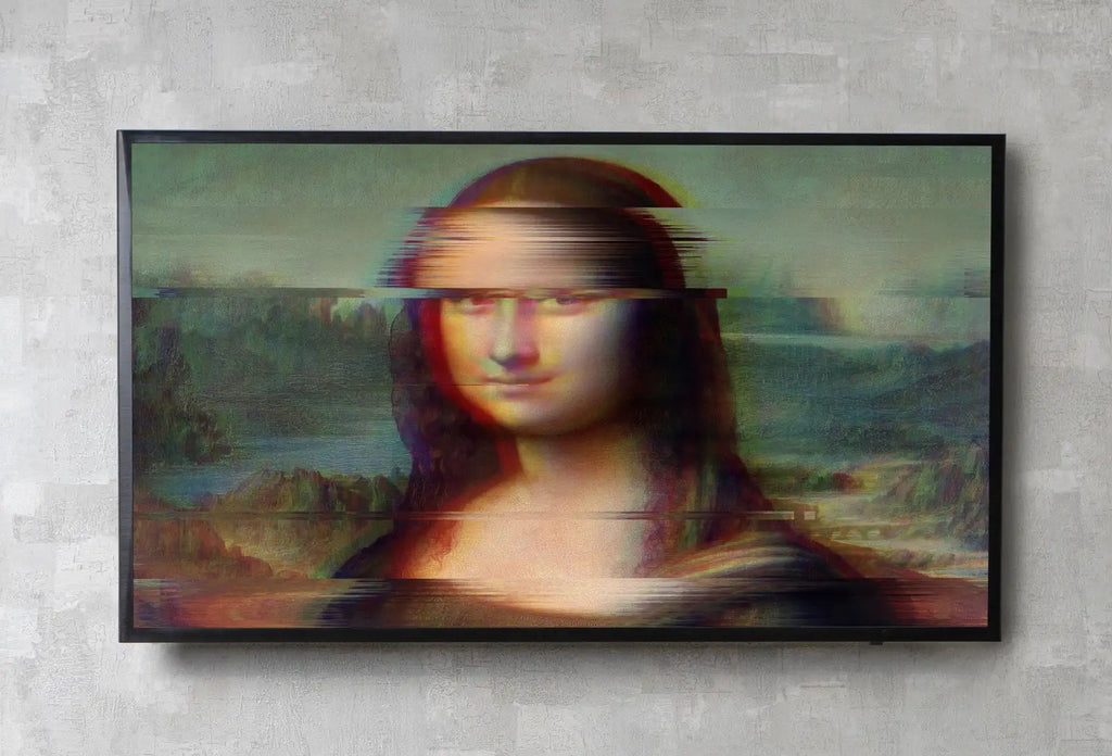 Detail view of artwork from Samsung Frame TV Art 4K Mona Lisa Altered Classic Painting. Glitch Art for Frame TV. Altered Vintage Home Decor. TV Art. (variation 3)