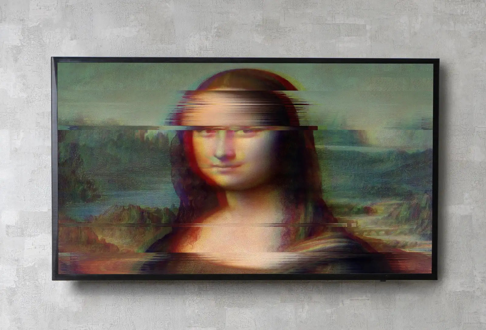 Detail view of artwork from Samsung Frame TV Art 4K Mona Lisa Altered Classic Painting. Glitch Art for Frame TV. Altered Vintage Home Decor. TV Art. (variation 3)