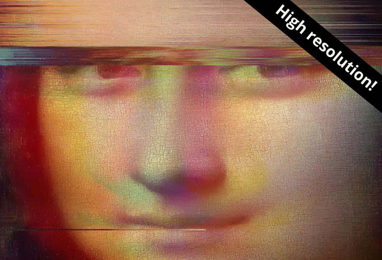 Detail view of artwork from Samsung Frame TV Art 4K Mona Lisa Altered Classic Painting. Glitch Art for Frame TV. Altered Vintage Home Decor. TV Art. (variation 6)