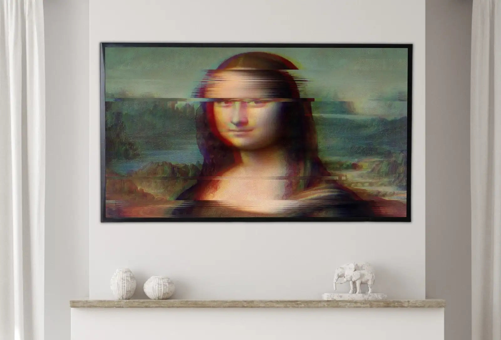 Detail view of artwork from Samsung Frame TV Art 4K Mona Lisa Altered Classic Painting. Glitch Art for Frame TV. Altered Vintage Home Decor. TV Art. (variation 7)