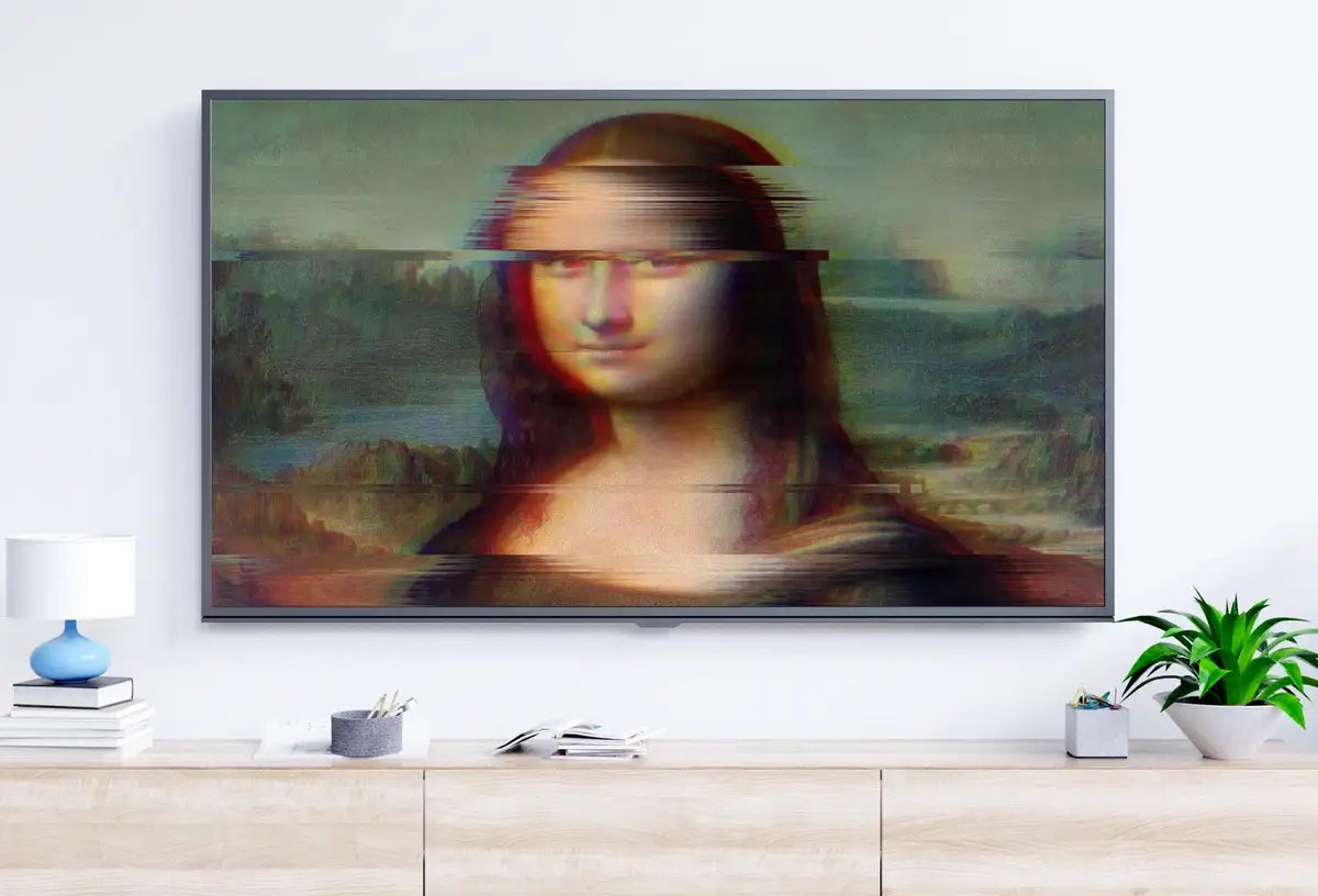Detail view of artwork from Samsung Frame TV Art 4K Mona Lisa Altered Classic Painting. Glitch Art for Frame TV. Altered Vintage Home Decor. TV Art. (variation 5)