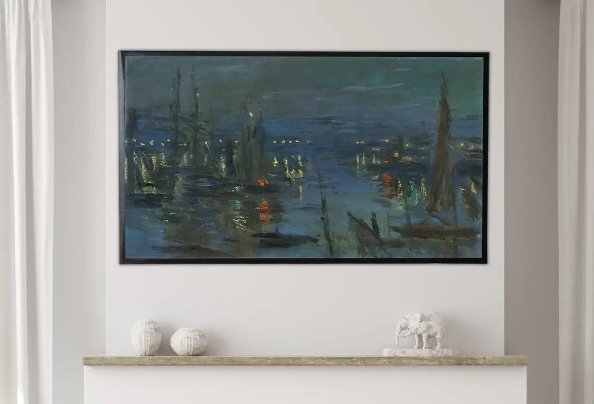 Detail view of artwork from Samsung Frame TV Art 4K Monet Harbor in the Evening Famous Painting. Instant Download Vintage Art for Samsung Frame TV. Claude Monet TV Art. (variation 2)