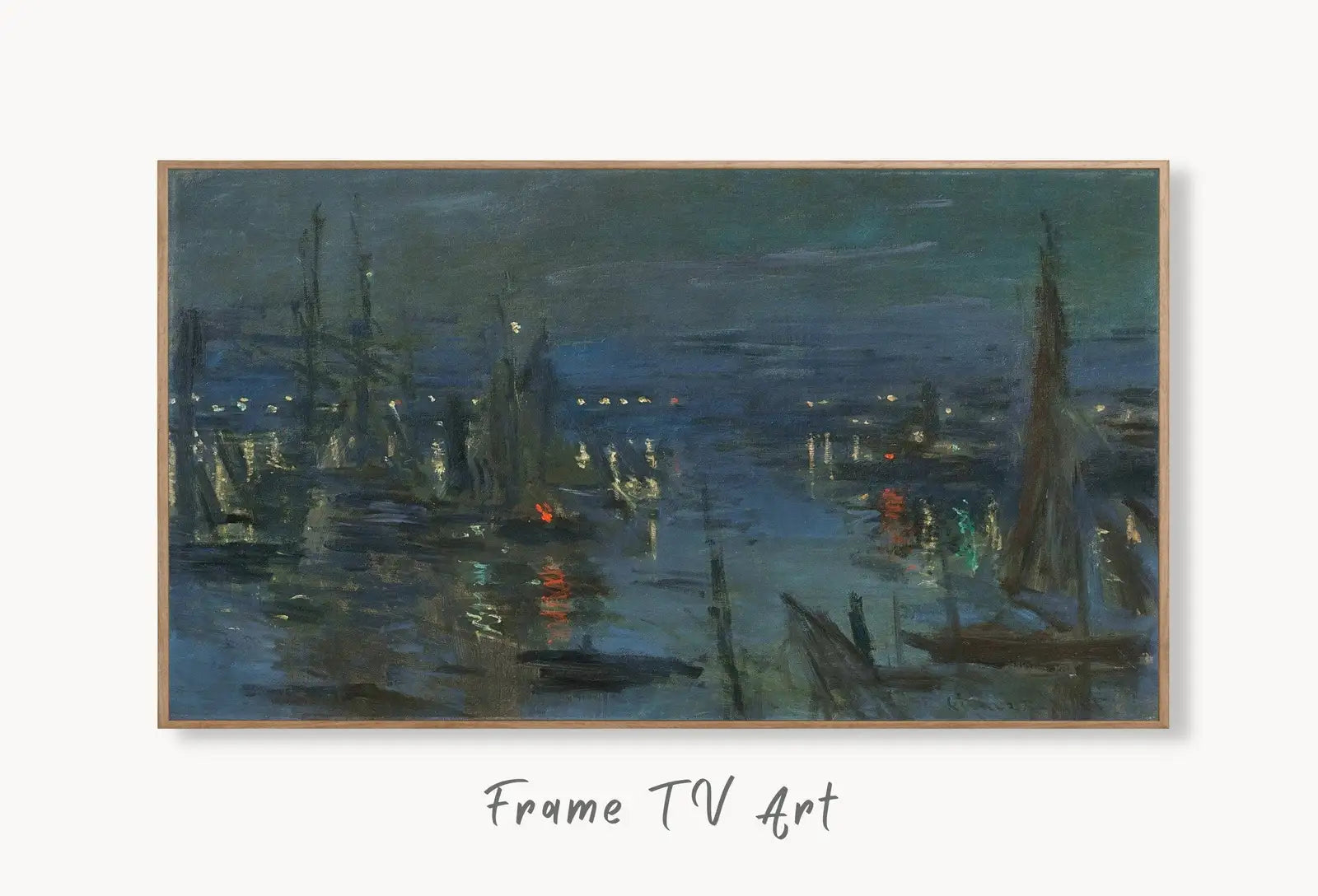 Samsung Frame TV Art 4K Monet Harbor in the Evening Famous Painting. Instant Download Vintage Art for Samsung Frame TV. Claude Monet TV Art displayed on Samsung Frame TV on a living room wall.