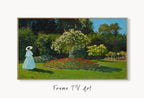 Samsung Frame TV Art 4K Monet Lady in The Garden Famous Painting. Instant Download Vintage Art for Samsung Frame TV. Claude Monet Art for TV displayed on Samsung Frame TV on a living room wall.