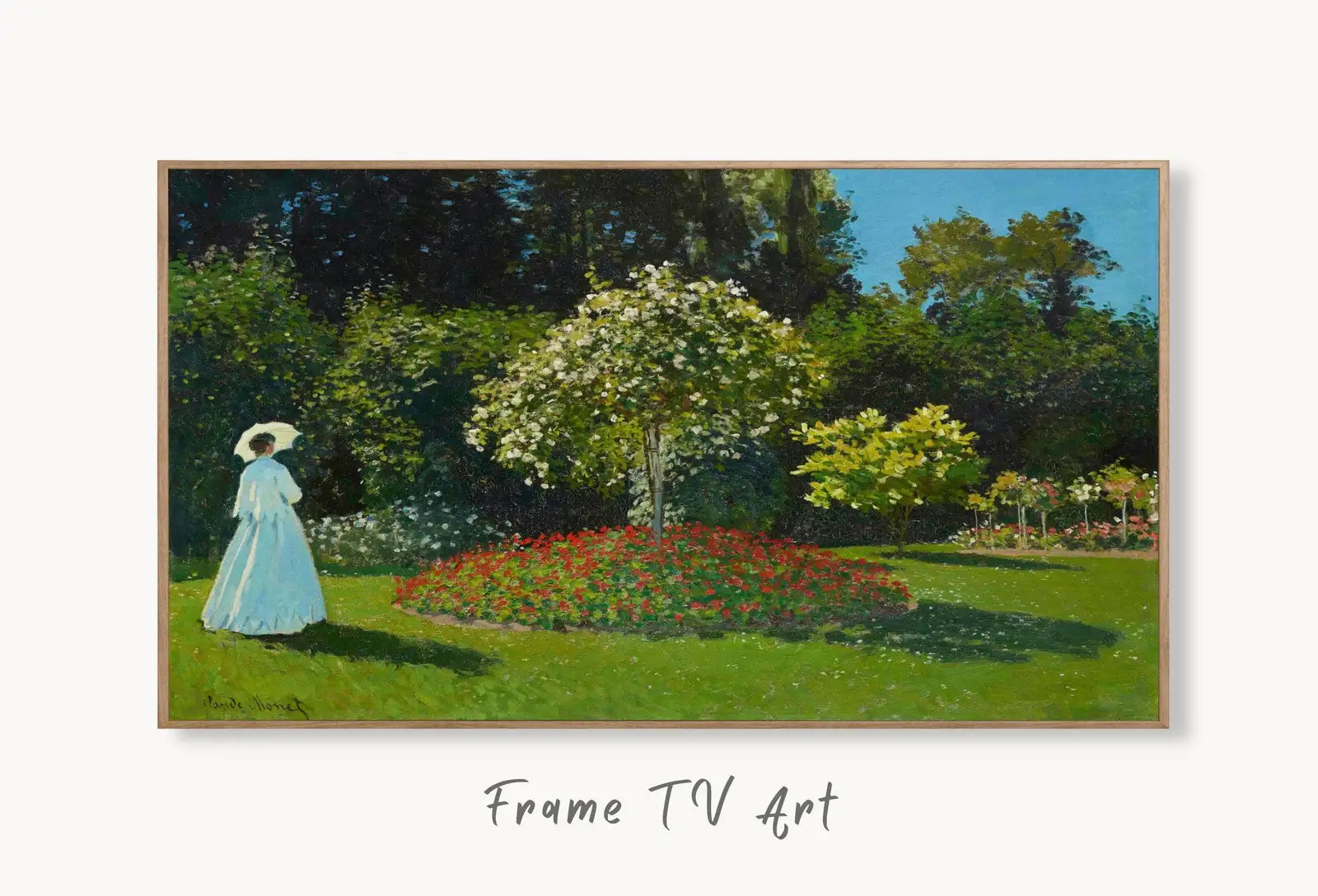 Samsung Frame TV Art 4K Monet Lady in The Garden Famous Painting. Instant Download Vintage Art for Samsung Frame TV. Claude Monet Art for TV displayed on Samsung Frame TV on a living room wall.