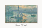 Samsung Frame TV Art 4K Monet Nautical Sunrise Famous Painting. Instant Download Vintage Art for Samsung Frame TV. Claude Monet TV Art displayed on Samsung Frame TV on a living room wall.
