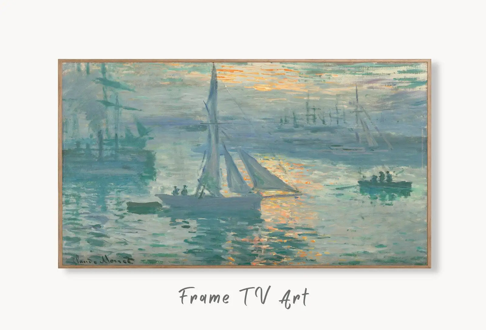 Samsung Frame TV Art 4K Monet Nautical Sunrise Famous Painting. Instant Download Vintage Art for Samsung Frame TV. Claude Monet TV Art displayed on Samsung Frame TV on a living room wall.