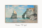 Samsung Frame TV Art 4K Monet Sea & Cliffs Famous Painting. Instant Download. Vintage Art for the Samsung Frame TV. Claude Monet Art for TV displayed on Samsung Frame TV on a living room wall.