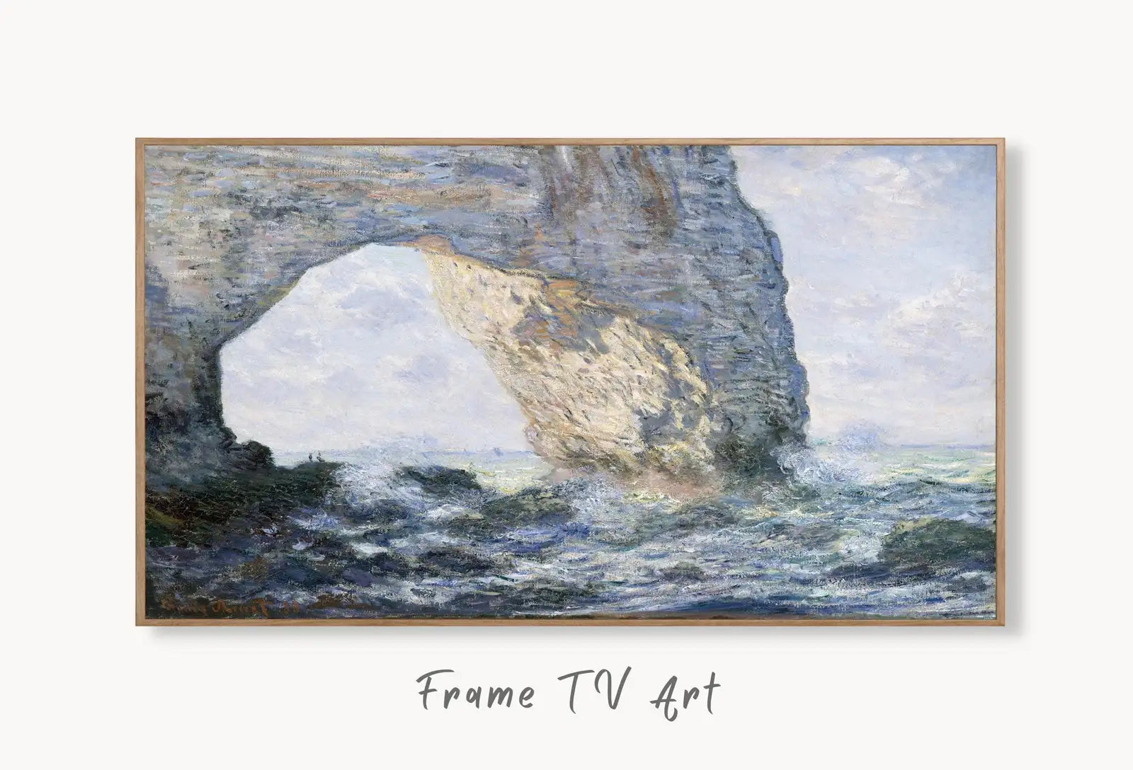 Samsung Frame TV Art 4K Monet Sea & Rock Famous Painting. Instant Download. Vintage Art for the Samsung Frame TV. Claude Monet Art for TV displayed on Samsung Frame TV on a living room wall.