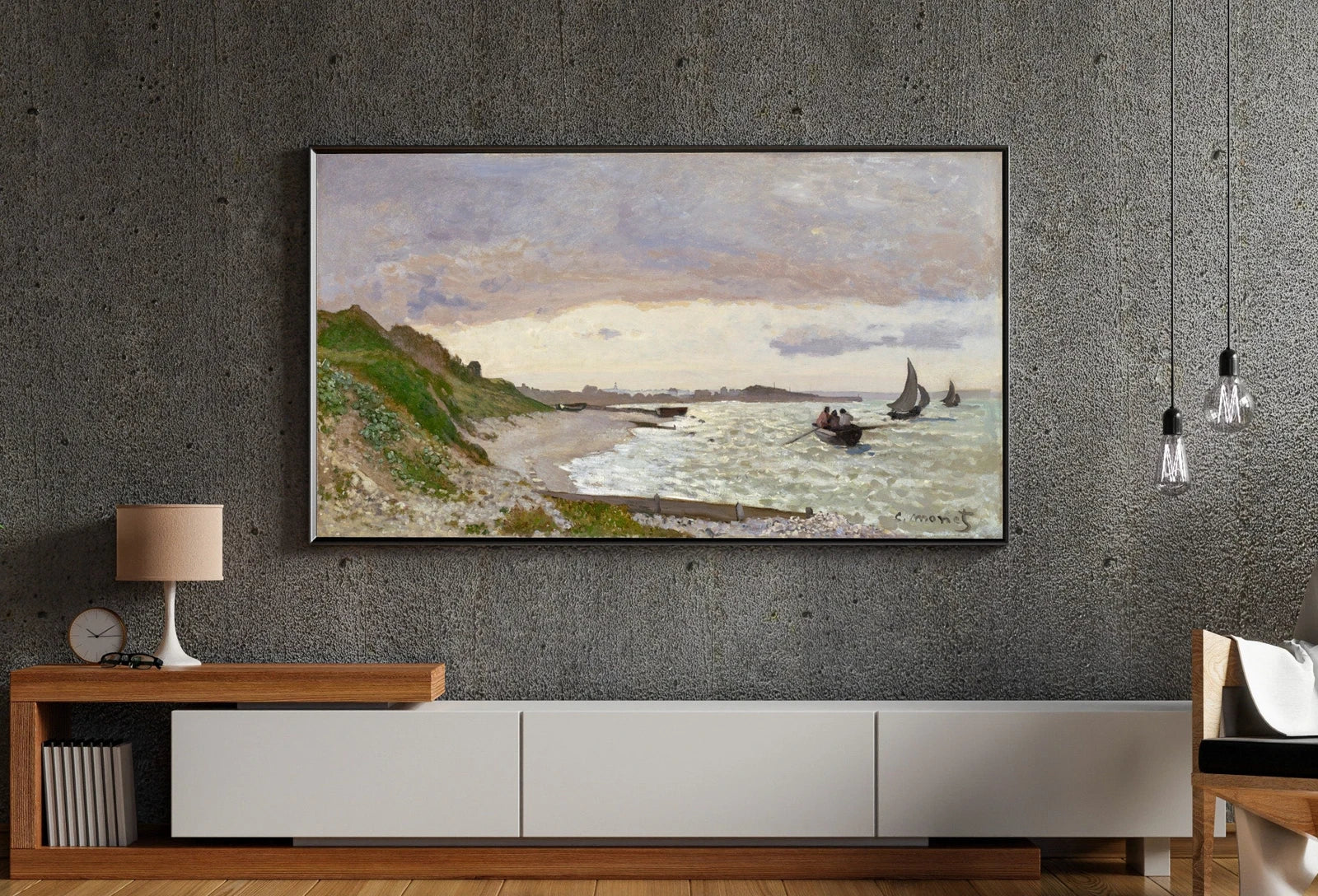 Detail view of artwork from Samsung Frame TV Art 4K Monet Seashore Famous Painting. Instant Download. Vintage Art for the Samsung Frame TV. Claude Monet Art for TV. (variation 1)