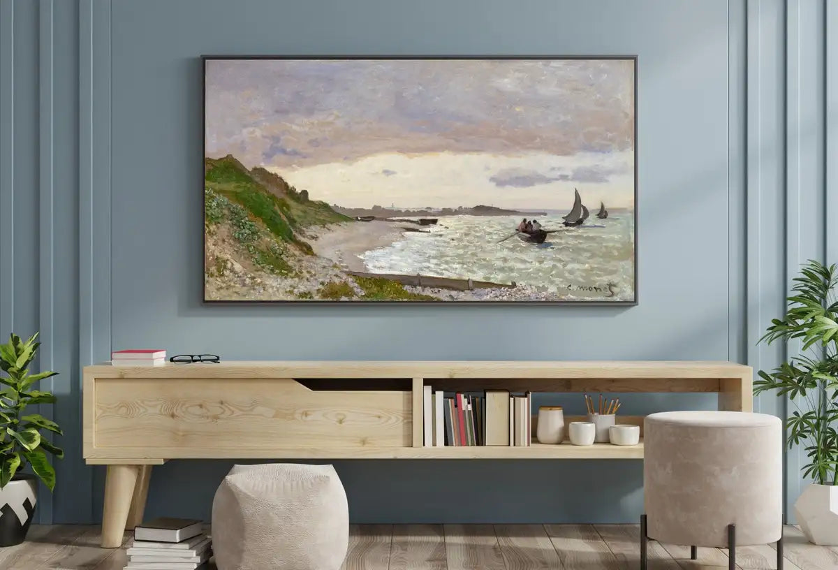 Detail view of artwork from Samsung Frame TV Art 4K Monet Seashore Famous Painting. Instant Download. Vintage Art for the Samsung Frame TV. Claude Monet Art for TV. (variation 5)