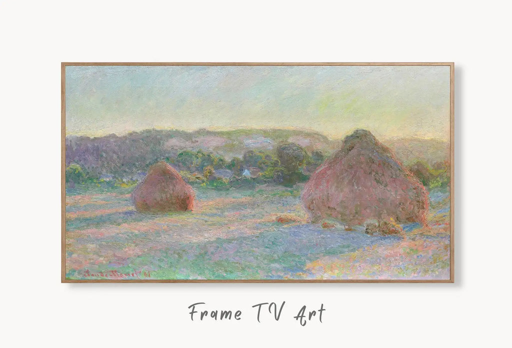 Samsung Frame TV Art 4K Monet Stacks of Wheat Famous Painting. Instant Download Landscape Art for Samsung Frame TV. Claude Monet TV Art displayed on Samsung Frame TV on a living room wall.