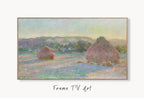 Samsung Frame TV Art 4K Monet Stacks of Wheat Famous Painting. Instant Download Landscape Art for Samsung Frame TV. Claude Monet TV Art displayed on Samsung Frame TV on a living room wall.