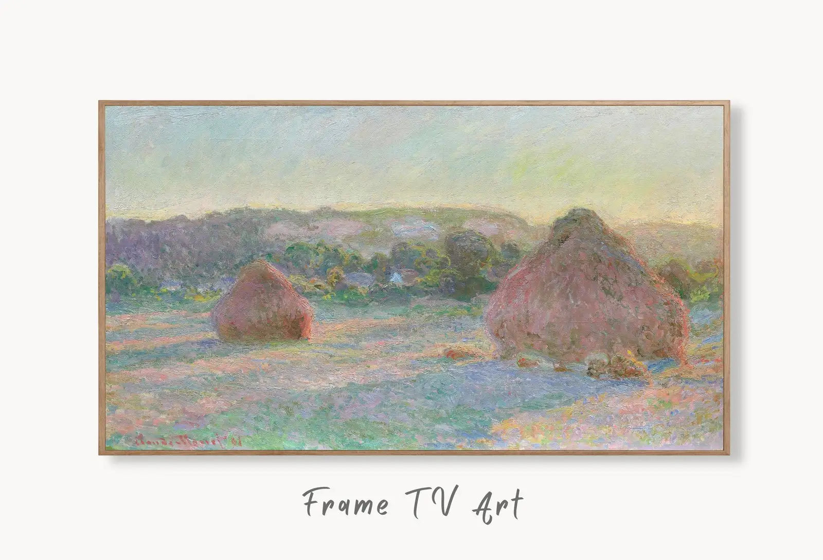 Samsung Frame TV Art 4K Monet Stacks of Wheat Famous Painting. Instant Download Landscape Art for Samsung Frame TV. Claude Monet TV Art displayed on Samsung Frame TV on a living room wall.