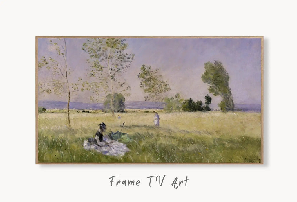Samsung Frame TV Art 4K Monet "Summer" Famous Painting. Instant Download Vintage Art for Samsung Frame TV. Claude Monet Art for TV displayed on Samsung Frame TV on a living room wall.