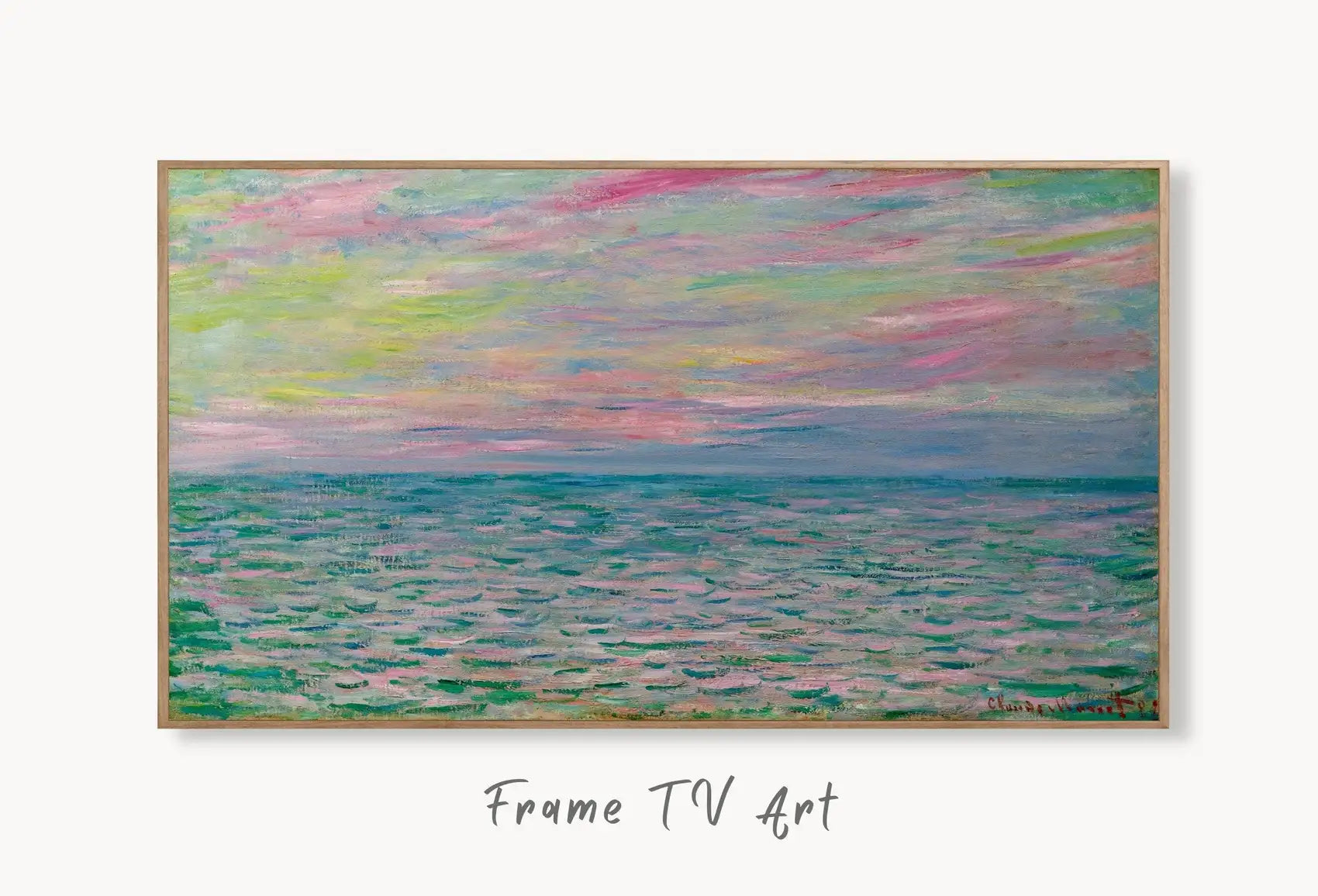 Samsung Frame TV Art 4K Monet Sunset at Sea Famous Painting. Instant Download. Vintage Coastal Art for Samsung Frame TV. Claude Monet TV Art displayed on Samsung Frame TV on a living room wall.